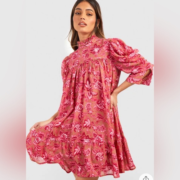 Boohoo Floral Pink Dress with Puff Sleeves - Picture 1 of 5